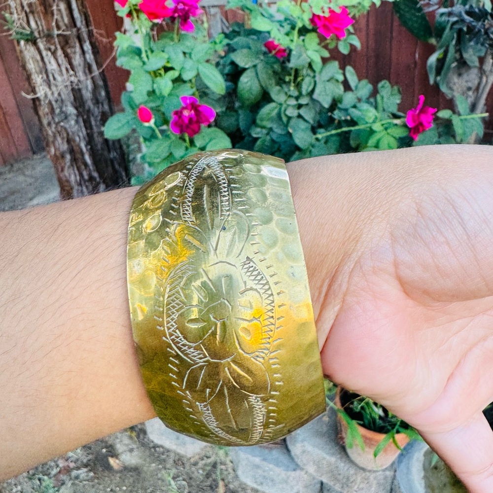 Floral Engraved Gold Cuff Bracelet